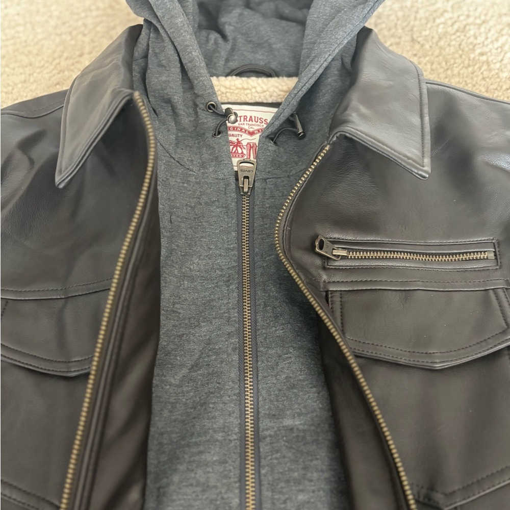Levi's Faux-Leather Trucker with Jersey Hood & Fleece Lining Dark Brown Mens M - Picture 5 of 8